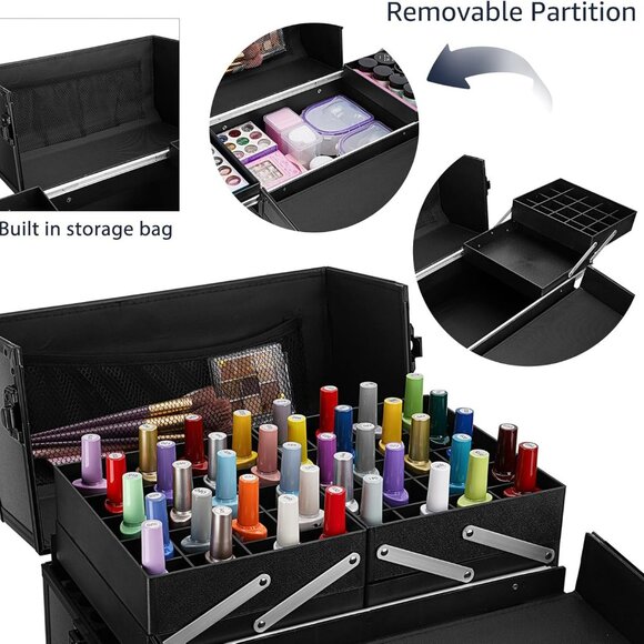 Rolling Makeup Train Case, Professional Cosmetology Case on Wheels, Aluminum Cos - Picture 5 of 7